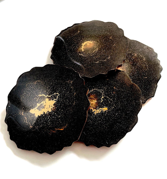 Resin Coasters - Black and Gold - Set of 4